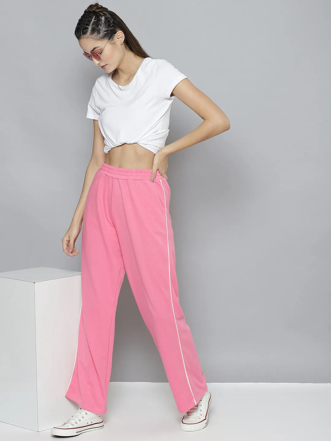 Women Pink Terry Active Contrast Piping Straight Pants