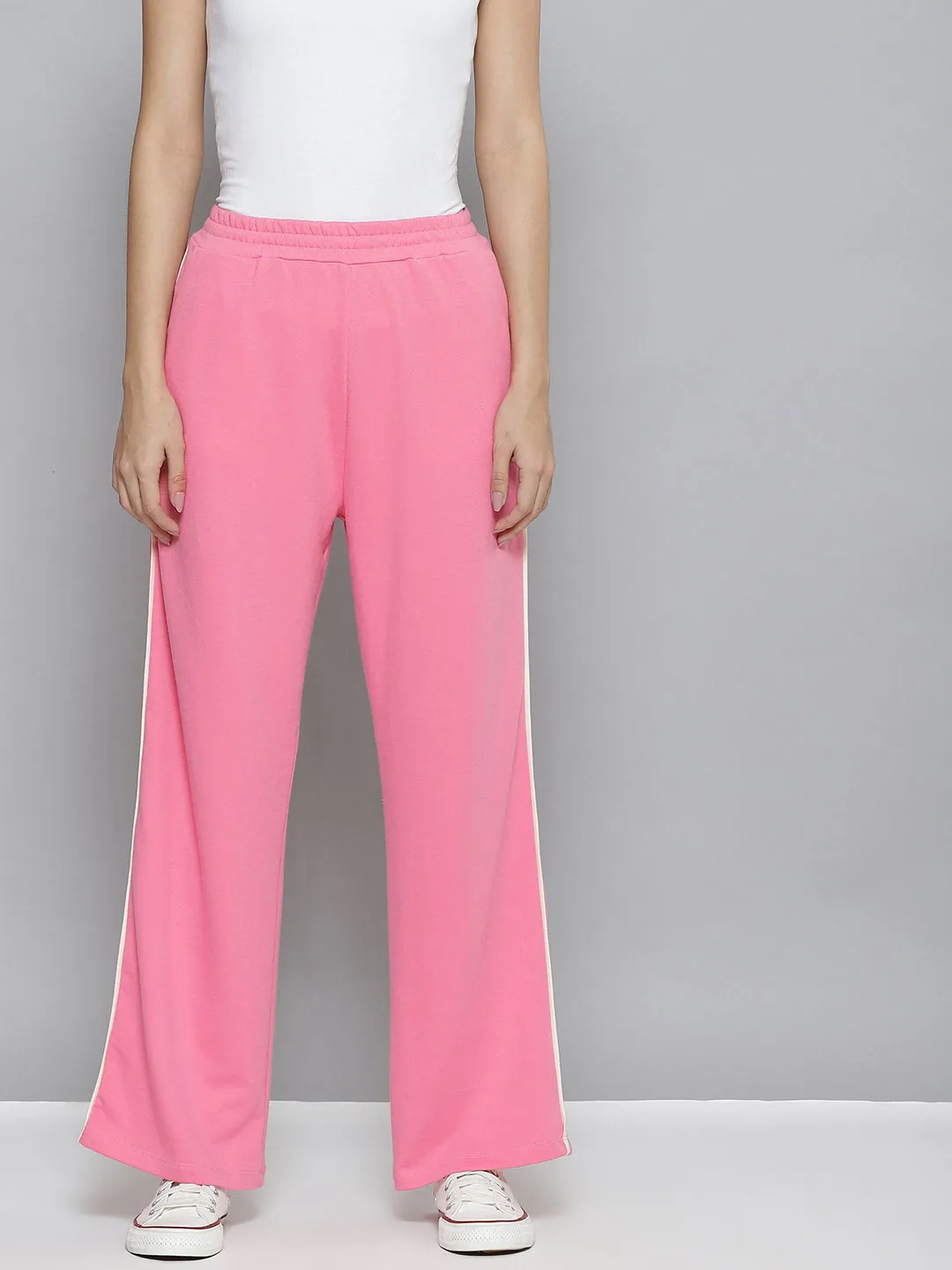 Women Pink Terry Active Contrast Piping Straight Pants