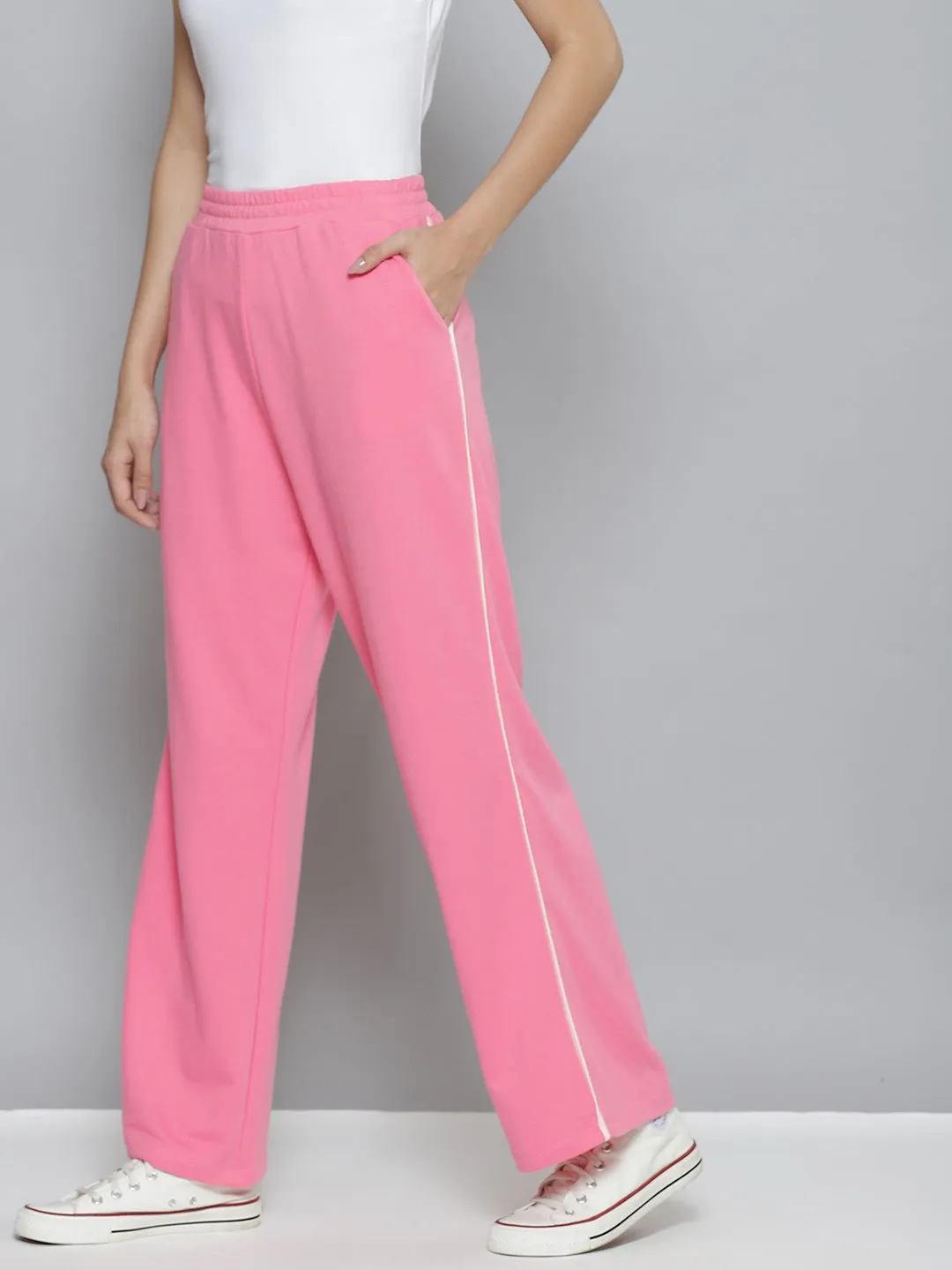 Women Pink Terry Active Contrast Piping Straight Pants