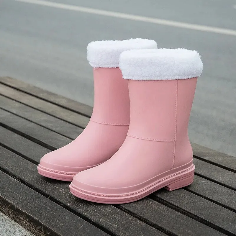 Women Rubber Shoes Fashion Mid Calf Boots Comfort Waterproof Rain Boot - WRB50139