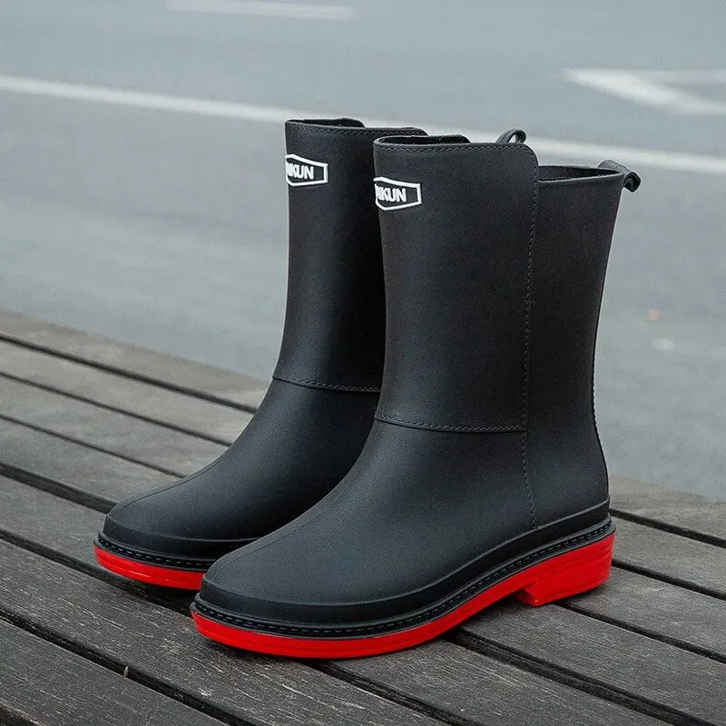 Women Rubber Shoes Fashion Mid Calf Boots Comfort Waterproof Rain Boot - WRB50139