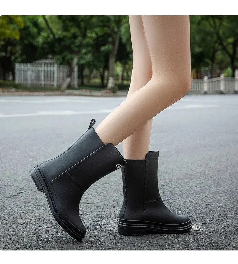 Women Rubber Shoes Fashion Mid Calf Boots Comfort Waterproof Rain Boot - WRB50139