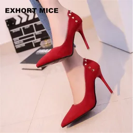 Women Shoes Pointed Toe Pumps Suede Leisure Dress Shoes High Heels Boat Wedding tenis feminino Rivet 10cm