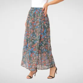 Women Skirt - Chiffon - Green Flowers