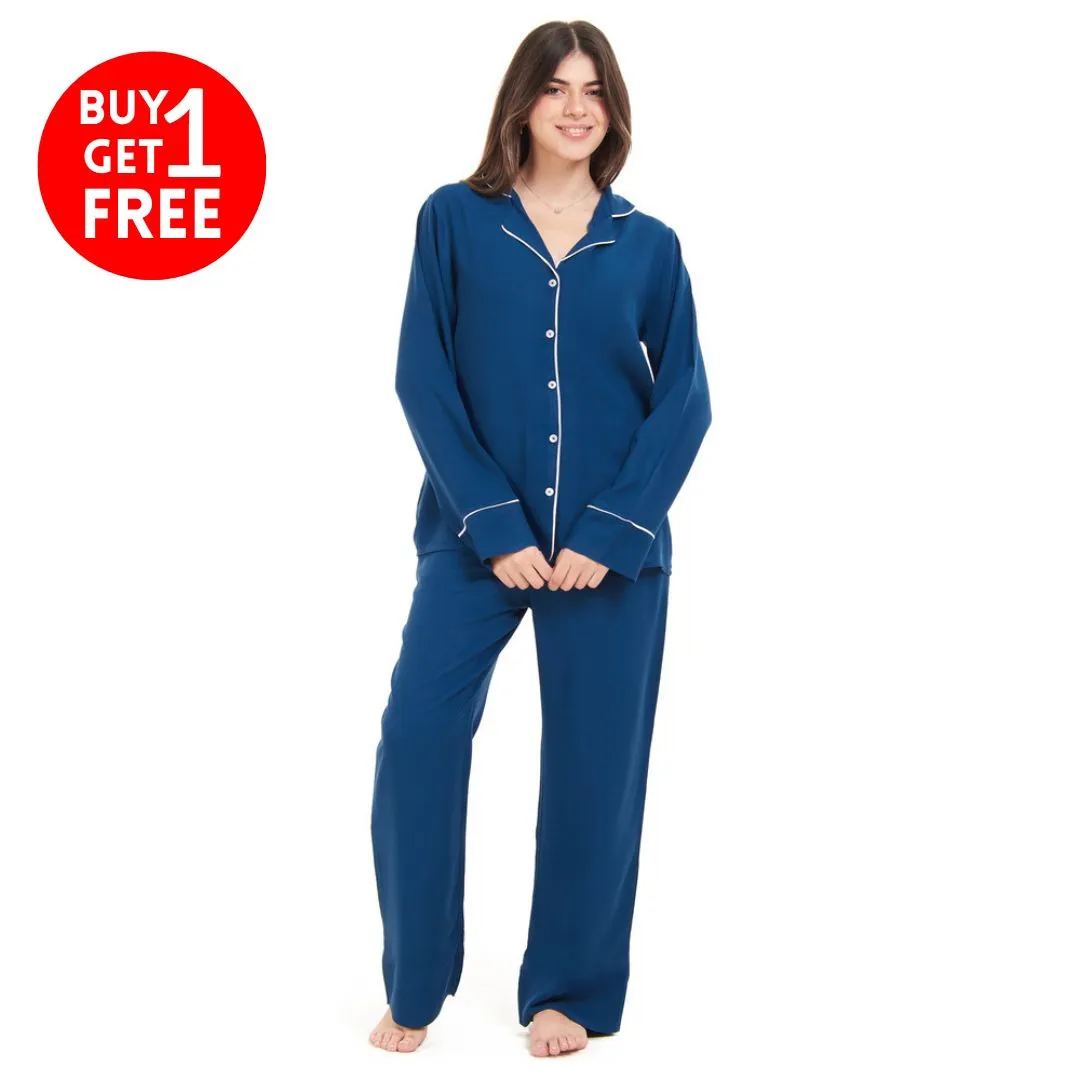 Women summer pajama set Petroleum buttoned Shirt  Pants