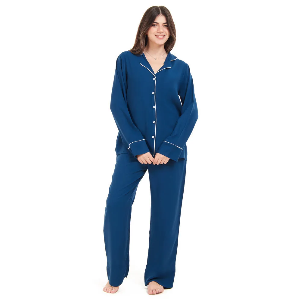 Women summer pajama set Petroleum buttoned Shirt  Pants