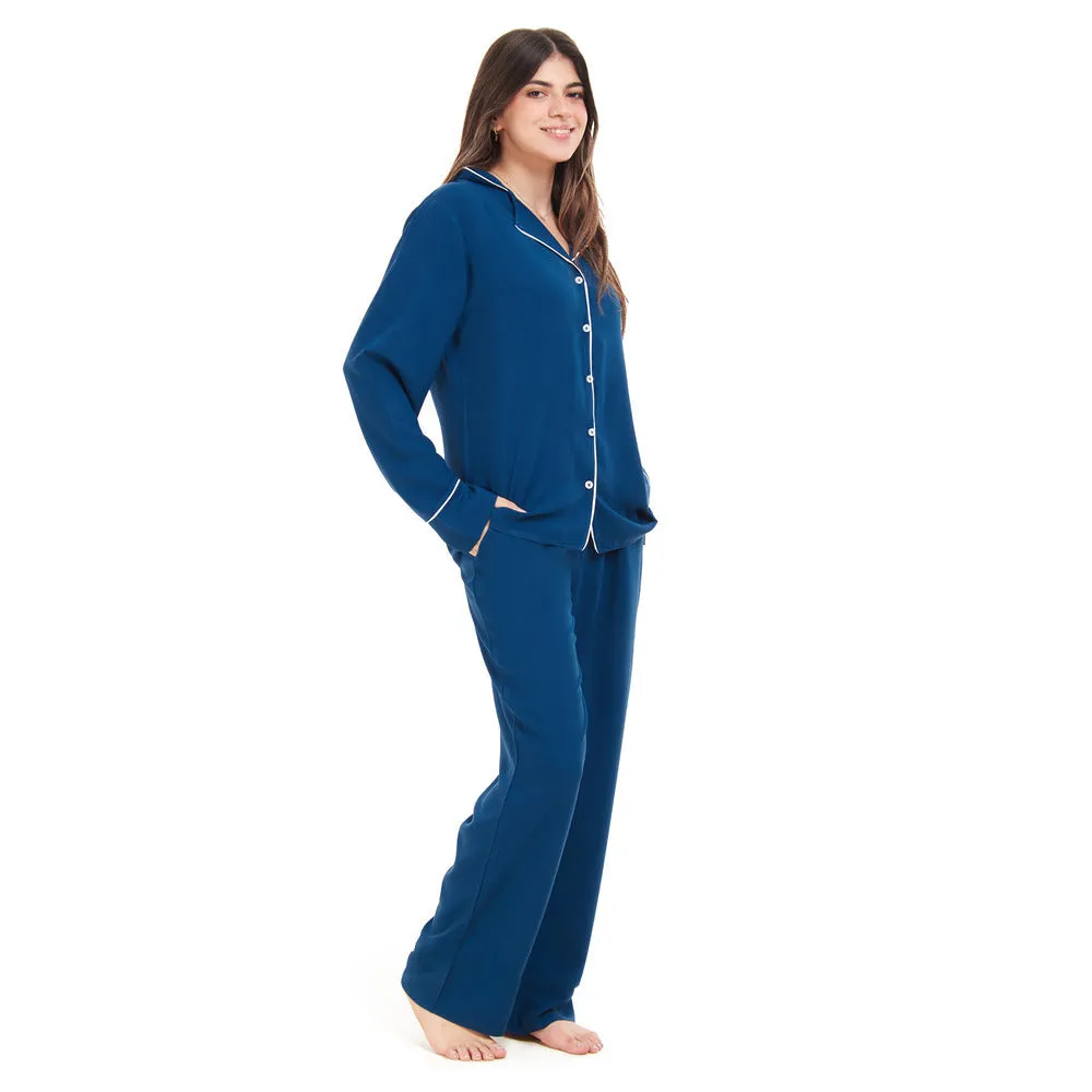 Women summer pajama set Petroleum buttoned Shirt  Pants