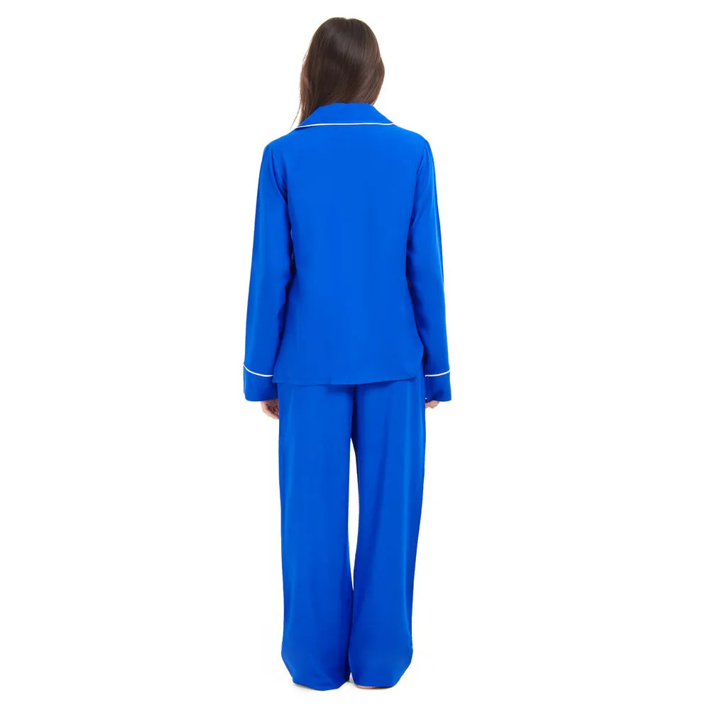 Women summer pajama set Royal Blue buttoned shirt   Pants