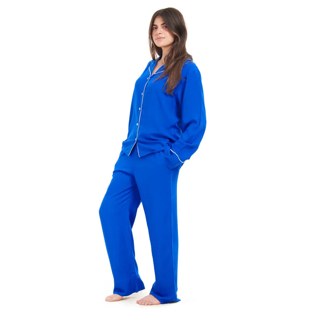 Women summer pajama set Royal Blue buttoned shirt   Pants