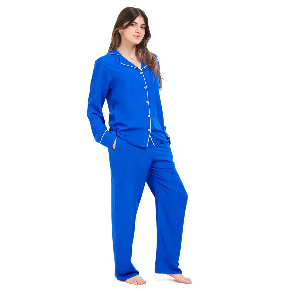 Women summer pajama set Royal Blue buttoned shirt   Pants