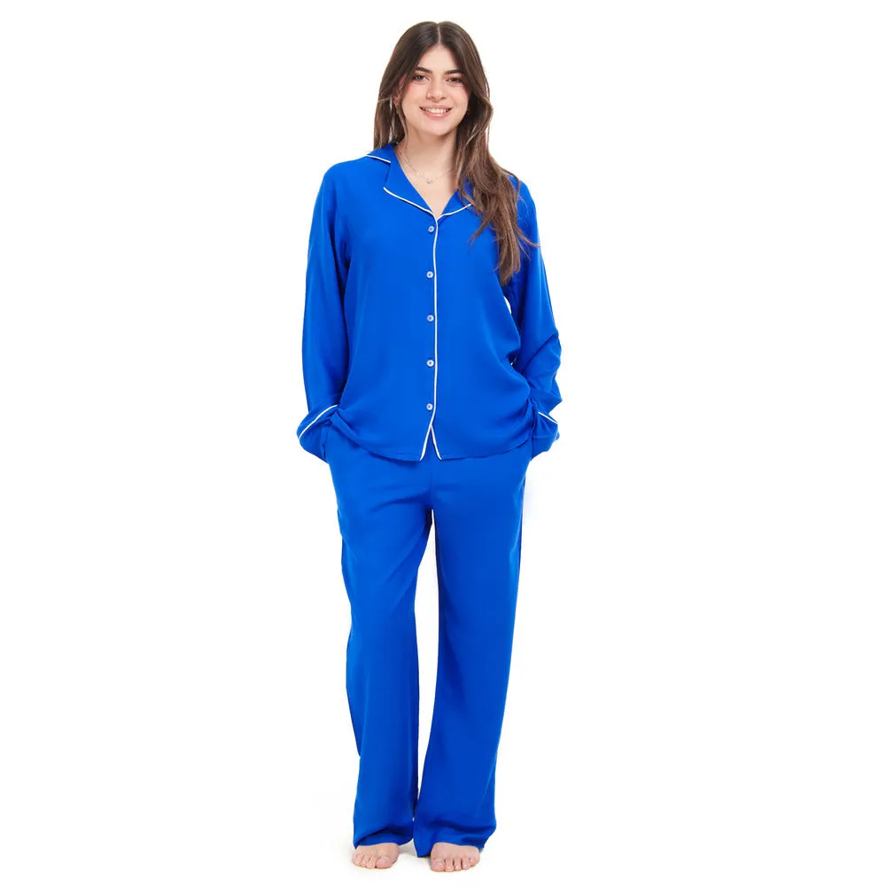 Women summer pajama set Royal Blue buttoned shirt   Pants