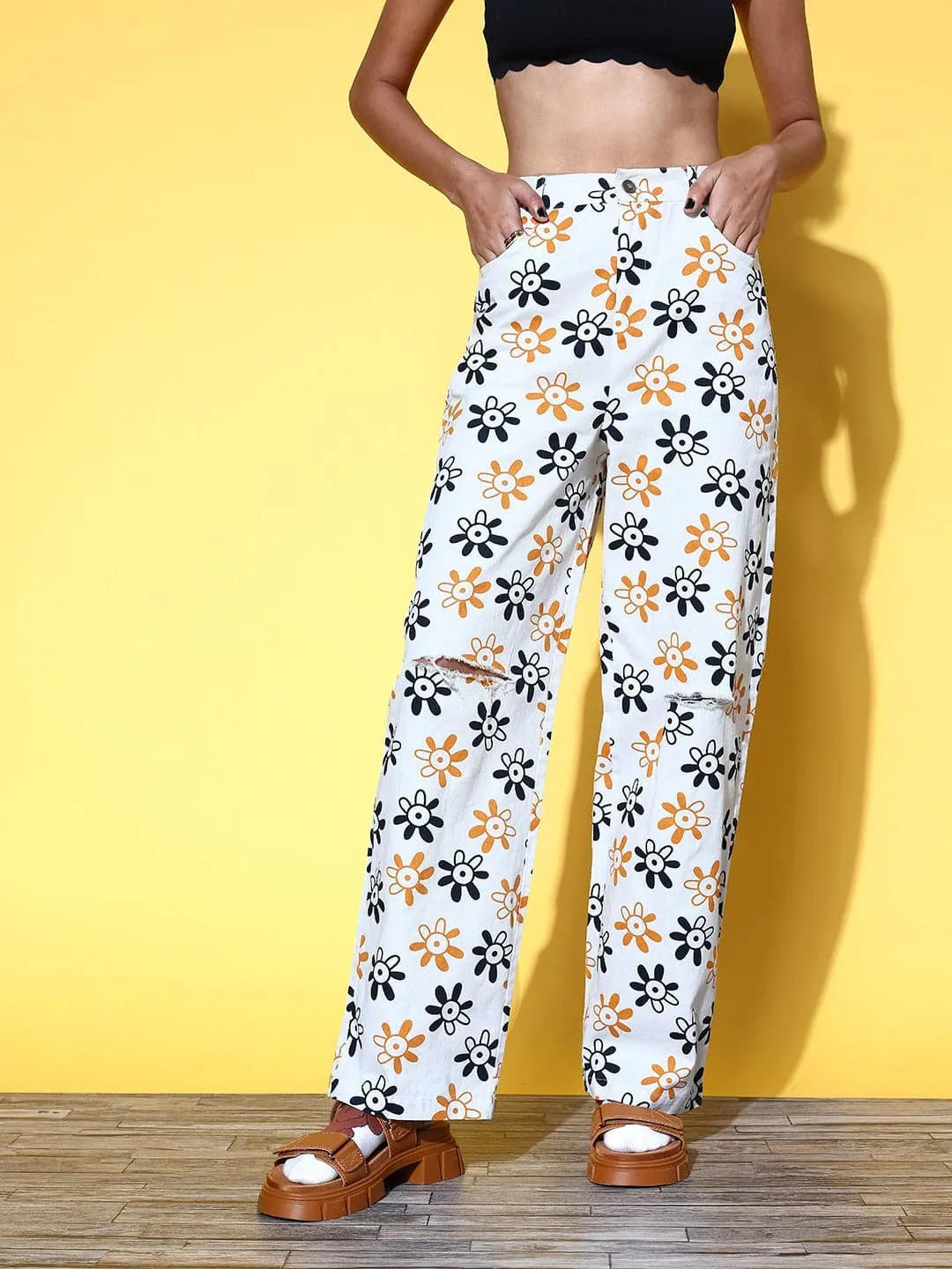 Women White Floral Print Pants