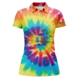 Womens Golf Polo Shirts With Colorful Tie Dye Background Custom Name Golf Shirt, Golfing Gift