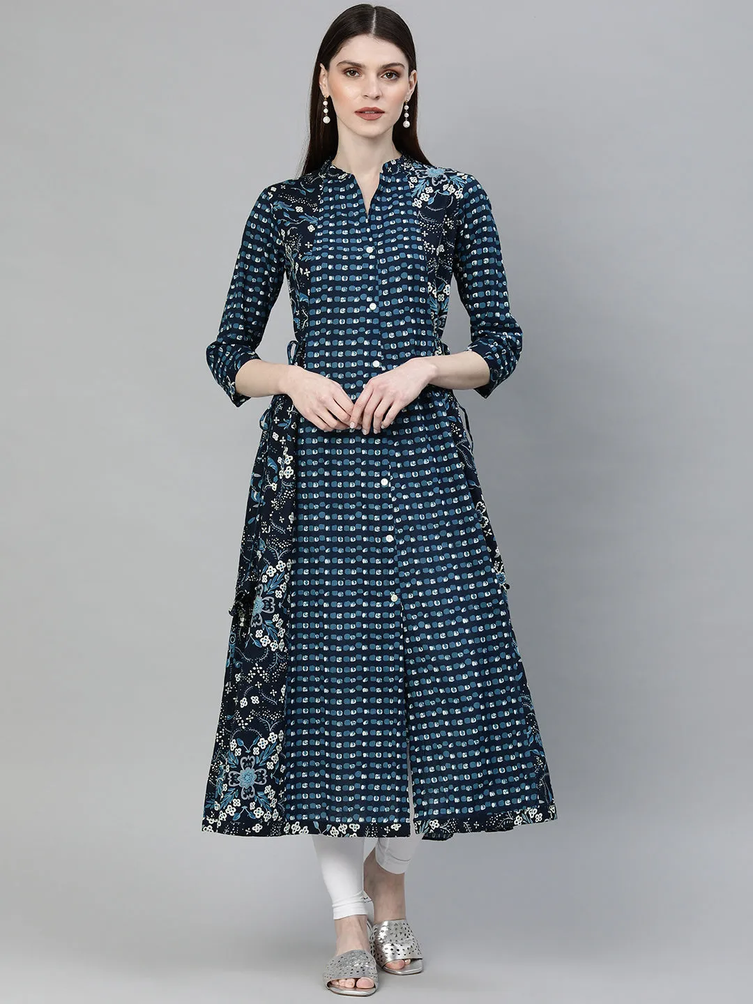 Women'S Navy Blue Printed A- Line Kurta