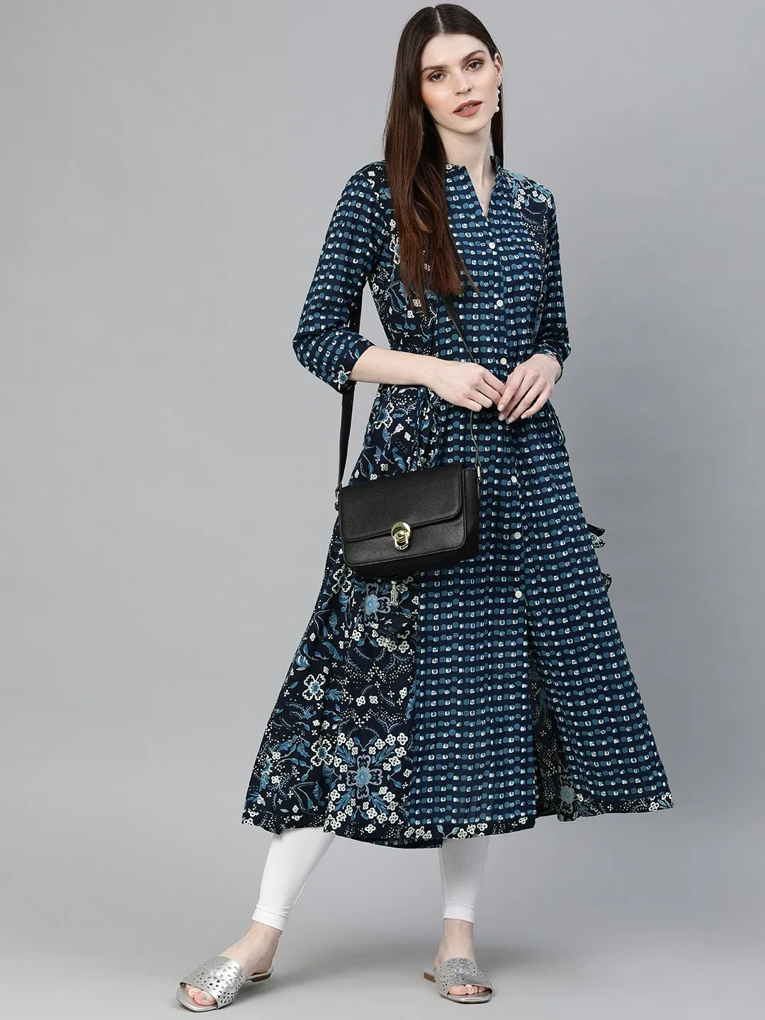 Women'S Navy Blue Printed A- Line Kurta