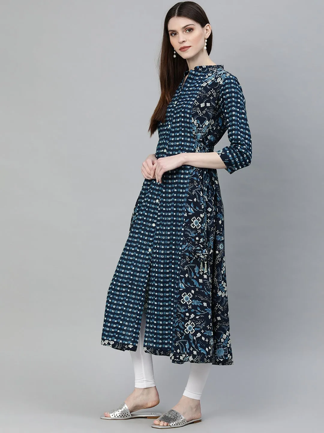 Women'S Navy Blue Printed A- Line Kurta