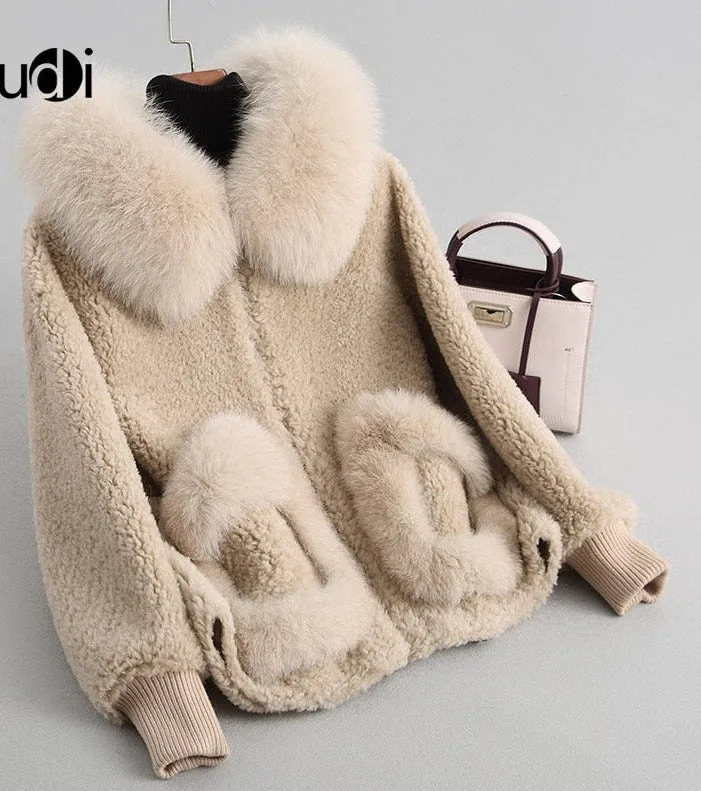 Women's winter warm real fox fur coat woolen coat