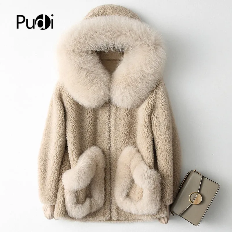 Women's winter warm real fox fur coat woolen coat